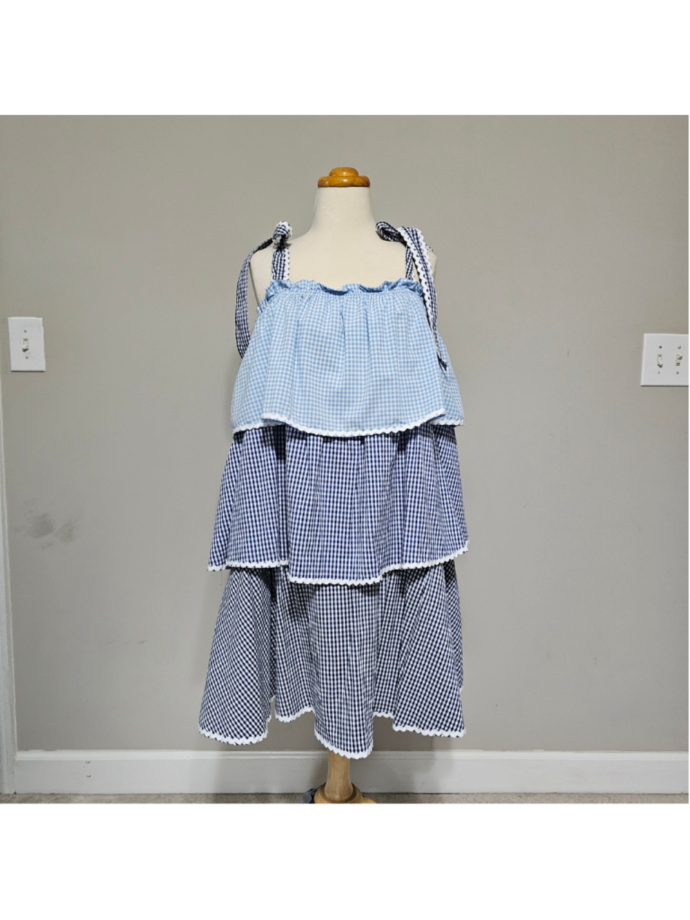 English Factory Blue Gingham Tiered Ruffle Midi Dress Size M